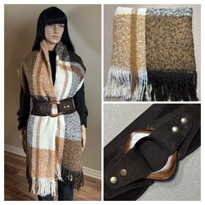 Plaid Blanket Scarf & Wide Cinch Belt Combo